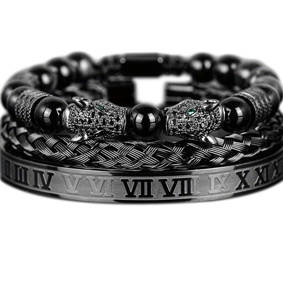 New 3PCS Mens Premium Black Agate Beaded Bracelet Set - Picture 3 of 12